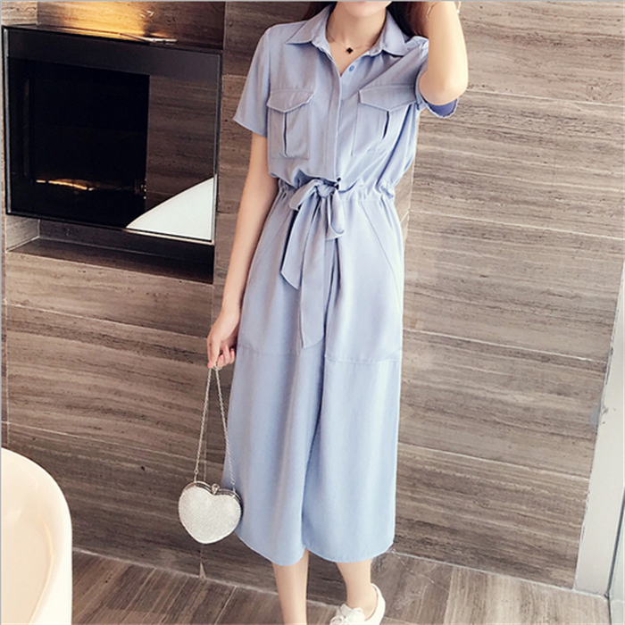 2020 summer new short-sleeved split small fresh Chiffon shirt dress lady dress female summer temperament medium-long version