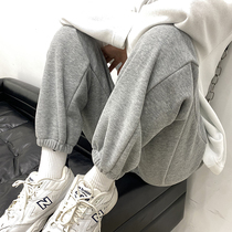 Grey plush sweatpants womens autumn and winter loose-fitting foot show skinny lily Harlan small casual pants tideins