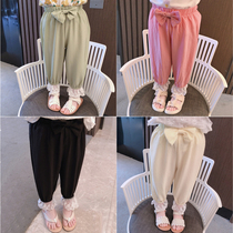  2021 girls  summer clothes new lace Korean version of childrens anti-mosquito pants female baby summer western style wide-leg pants