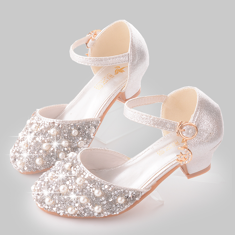 Girl Shoes Children High Heels Princess Shoes Pink Girl Water Crystal Shoes New Shiny White Pearls With Evening Gown Shoes