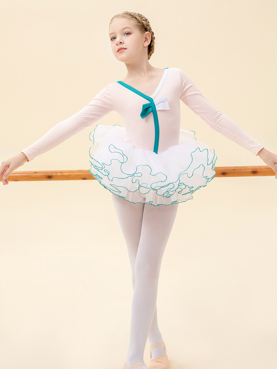 新款 儿童舞蹈形体芭蕾舞长袖连体练功服蝴蝶结民舞考级 演出考级