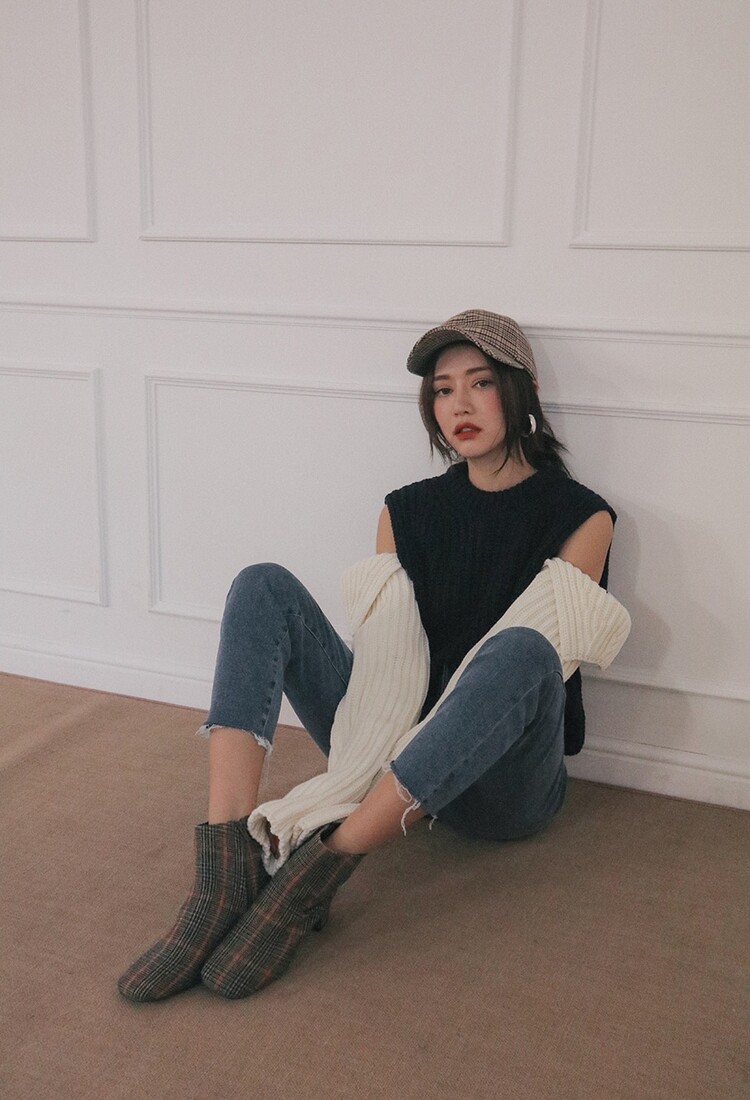 stylenanda 露肩黑白少女毛衣配色拼接袖针织衫 韩国官网正品代购_7折