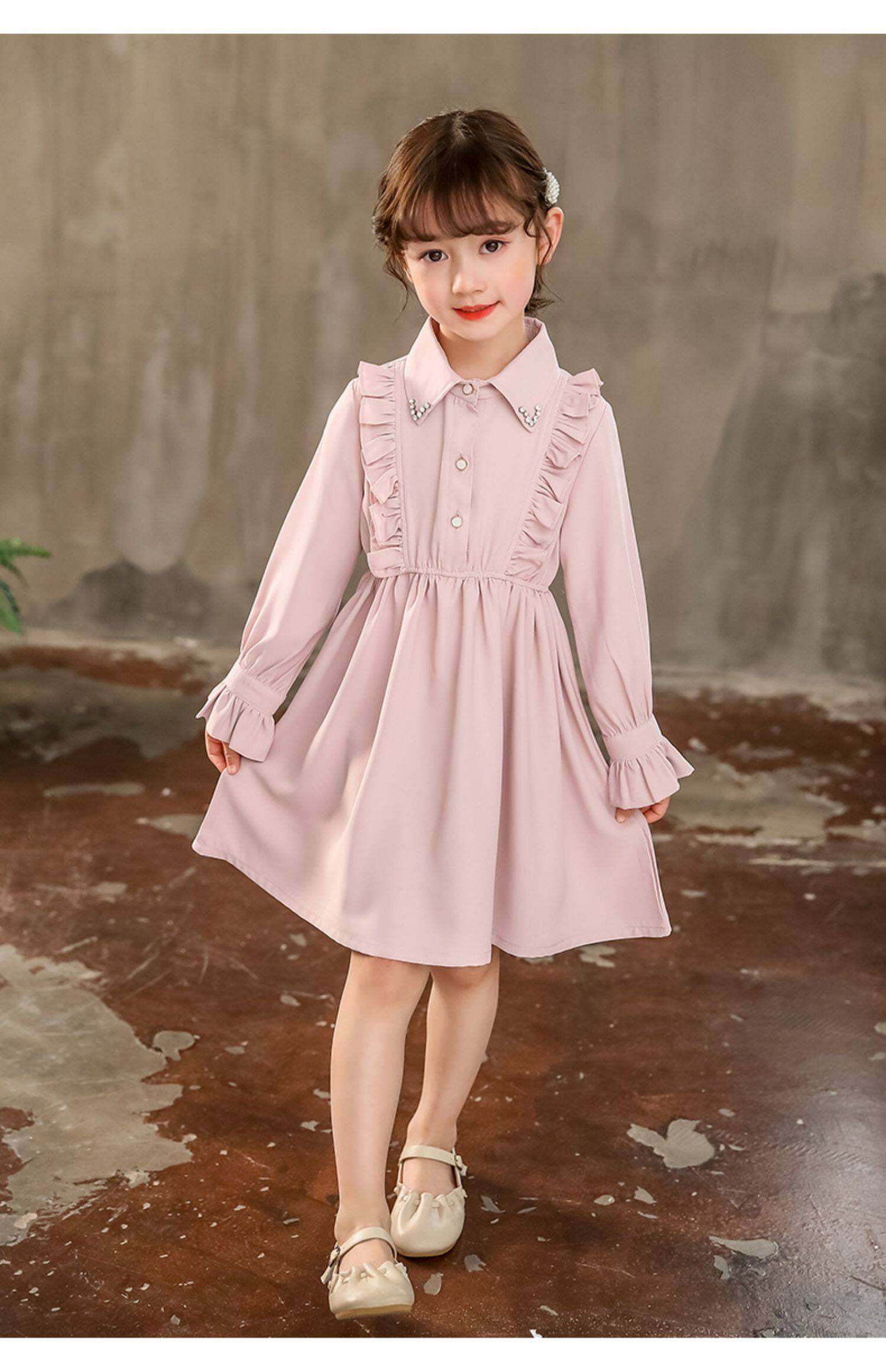 女童长袖衬衫连衣裙韩版春装中大童收腰纯色裙子儿童淑女雪纺裙薄