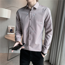 European station autumn new non-iron long sleeve shirt men Korean slim flower embroidery casual shirt Tide brand