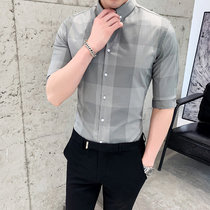 European station 2020 Summer new business leisure seven-cut sleeve plaid shirt mens plaid British slim shirt