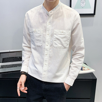 European station autumn clothing non-iron linen cotton long sleeve shirt men Korean version of slim British business leisure tooling shirt shirt Tide brand