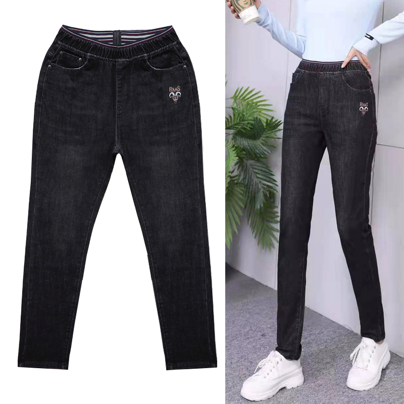 2021 autumn winter new tightness waist jeans female smoke tube pants elastic display slim height waist large size washed black long pants