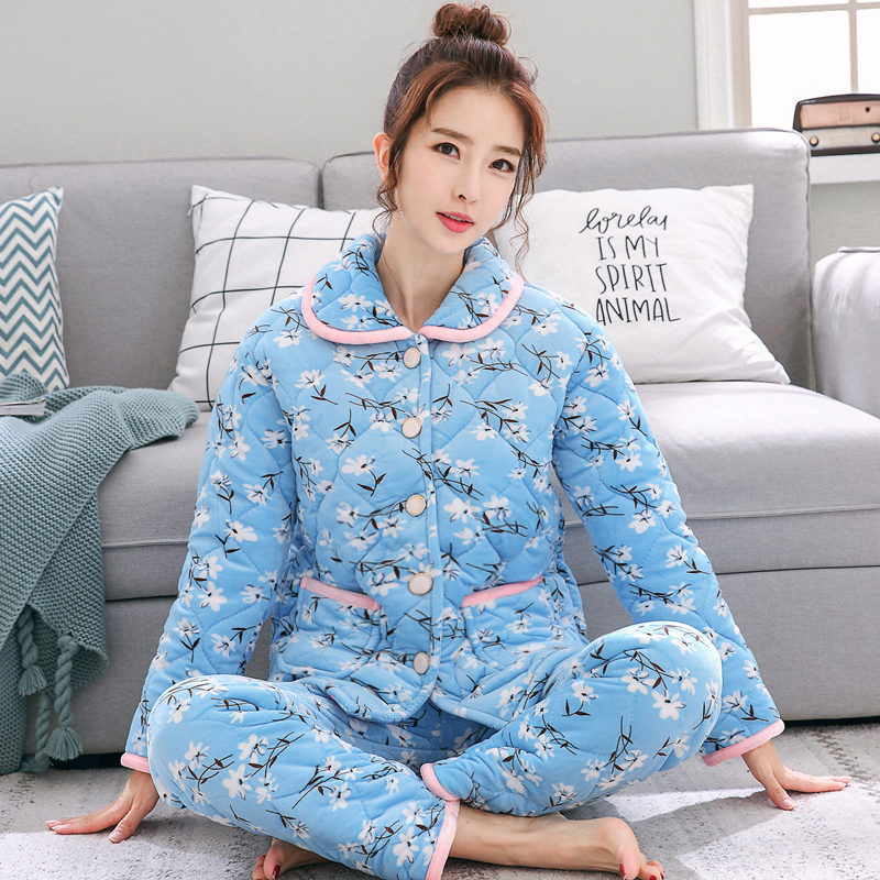 睡衣女冬季可爱珊瑚绒三层加厚夹棉卡通保暖长袖法兰绒家居服套装(用30元券)