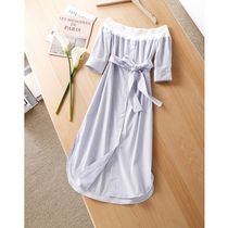 Japanese elastic cotton Sexy straight shoulder color weave blue and white striped non-slip strips with long one-piece dress 67659