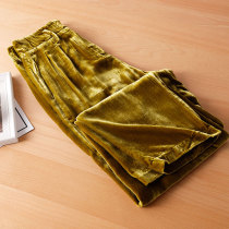 Drop silky 4 season can wear silk velvet avocado yellow eye-sucking womens high waist casual trousers 68419