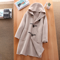 Classic English fishermans coat Chiroe hooded horn button cocoon female long woolen coat 65048