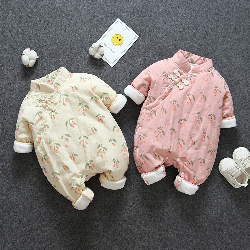 Baby Girl Autumn Winter Clothing Pure Cotton Qipao Khalao Palate Baby China Wind Even Body Clothes Winter Clip Cotton Princess Clothes