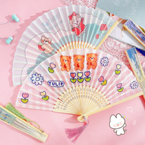 Cartoon cute cloth noodles bamboo fan folding fan women easy to open and close portable folding children Japanese style small fan