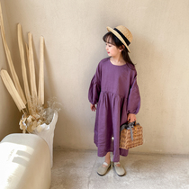 Lacquer Episode Spring Autumn New Pint Children Dress Children Linen Lanterns Sleeves Dress Girl Cotton Linen Art Sentresses Long Skirts Parenting