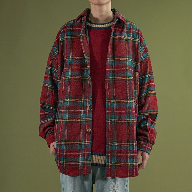 Frosted Flannel Plaid Shirt father Retro Art Hong Kong style shirt men's and women's thickened autumn and winter Frosted Flannel Plaid Shirt father Retro Art Hong Kong style shirt men's and women's thickened autumn and winter
