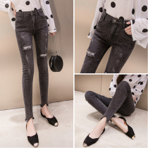 Hong Kong tide 2022 spring and summer jeans female cotton elasticity slimming thin pants nine-point hole pencil pants