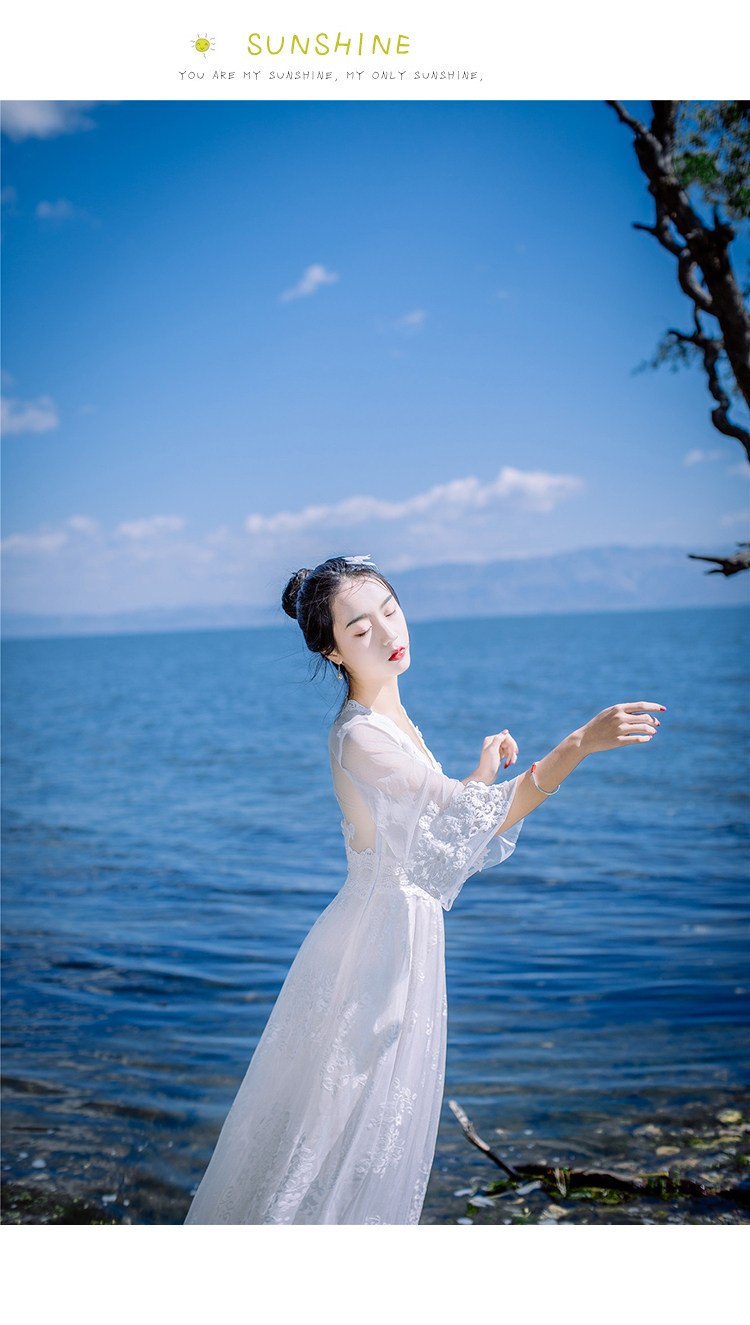 2021春夏波西米亚蕾丝拼接连衣裙修身海边度假沙滩裙大摆露背长裙