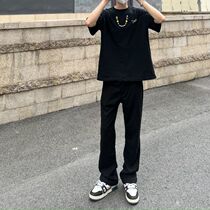 High street vibe black flared trousers mens trendy atmosphere all-match style European and American style super hot casual trousers flared trousers