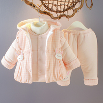2021 new girls autumn and winter cotton clothes three-piece female baby 1-2-3 years old plus velvet cotton suit baby winter clothes
