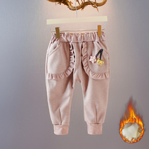 2021 New Girls 6-12 winter season plus velvet pants Children Baby 1-2-3 years old foreign-style trousers baby winter clothes