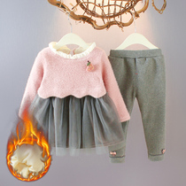 2021 new female baby thick long sleeve two-piece infant 1-3 years old plus velvet set girl foreign winter clothes