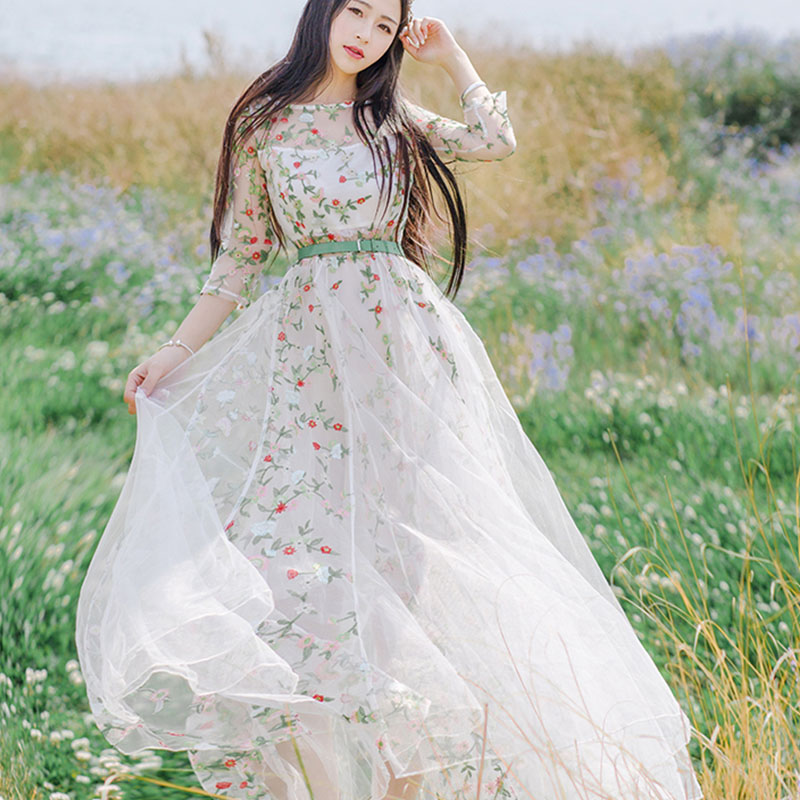 仙仙女连衣裙夏气质优雅淑女显瘦大摆裙蕾丝花朵刺绣宫廷风长裙潮