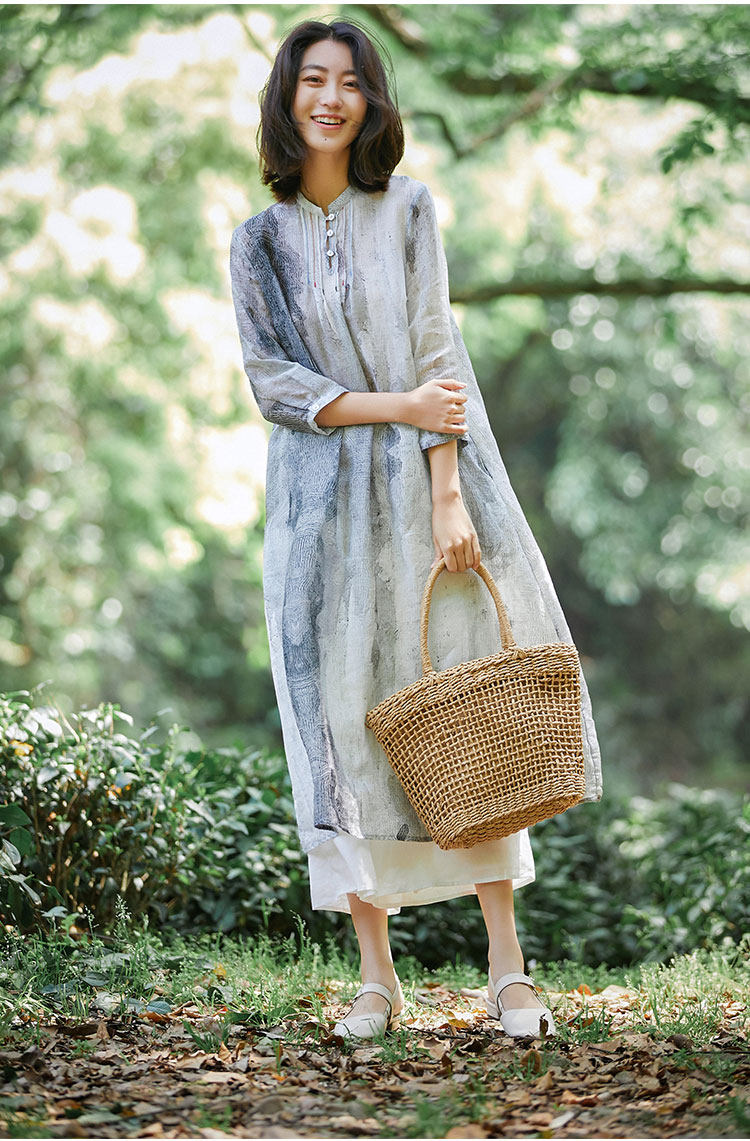 原创品牌2022新款民族风苎麻连衣裙女高端中长款宽松高品质长裙