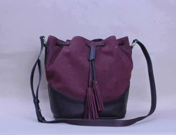 经典时尚翻毛牛皮抽绳水桶女包真皮女包