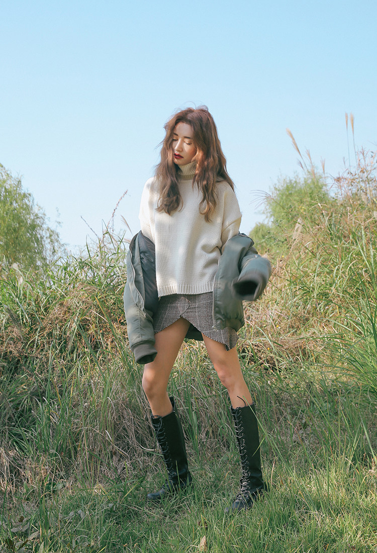 韩国stylenanda官方正品 高低弧形摆堆领针织衫