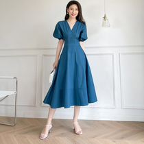 Blue Bubble Cuff dress Girl 2022 Summer new French style cashew with gentle wind first love Temperament Tea Hysteria