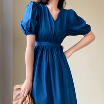 Blue Bubble Sleeves Dress Dress Woman 2022 Summer New High-end Temperament Cashew goddess Fan Regua word dress