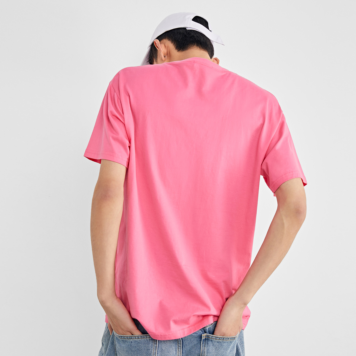 太平鸟男装粉色t恤男打底衫小猫印花个性潮流t恤圆领体恤衫韩版