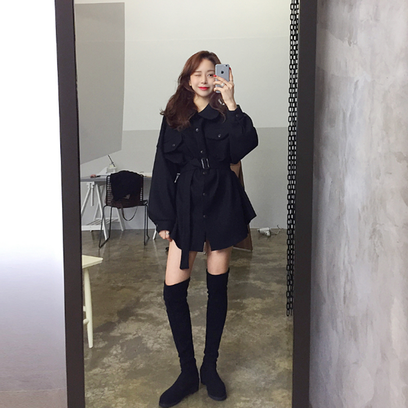 Black Tibetan blue rose Hepburn woolen coat women's autumn and winter mid-length woolen coat spot