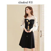 Hidi early spring 2021 new black V-neck dress womens stitching mesh design miniature slim dress