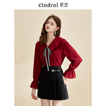 Hidi 2022 New Spring Red Tops Womens Design Mini Trumpet Sleeve Contrast Lace Doll Collar Shirt