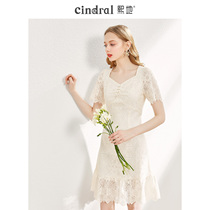 Xidi 2021 summer new beige skirt fairy Super fairy silk square collar lace dress Lady self-cultivation temperament