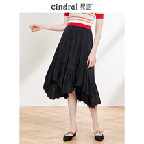 Heidi 2021 summer new Black irregular skirt Joker waist slim solid color skirt pleated temperament