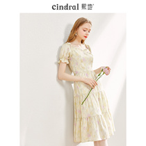Xidi 2021 summer new printed skirt female light yellow square collar bubble sleeve chiffon floral dress sweet temperament