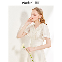 Xidi 2021 summer new skirt women beige high waist V collar temperament chiffon dress goddess fan waist thin