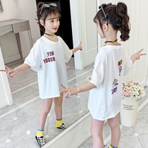 Girls  short-sleeved t-shirt 2021 new summer Korean version loose childrens clothes large childrens medium-long western-style top tide