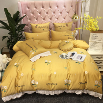 Net redness true silk full cotton four sets minimalist pure color quilt cover pure cotton 1 8m bed days silk European-style upscale bed hat