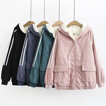 Fat plus size womens 19 autumn and winter New loose fat mm Korean version plus velvet corduroy strippery coat cotton coat