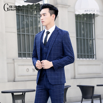 Suit suit mens three-piece suit Korean version of the slim groom wedding formal dress plaid British style small suit man