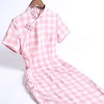 Qi Wei improved cheongsam dress summer cotton linen fashion young girl retro Chinese style pink plaid