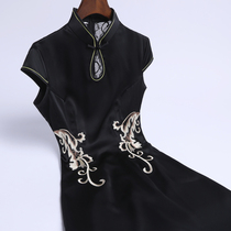 Qi Wei daily cheongsam improved dress black retro fashion slim thin banquet host dress short