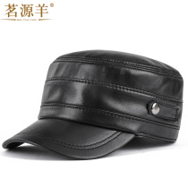 Thin leather hat autumn and winter mens flat top hat Tide mens hat middle-aged sheepskin military hat outdoor elderly cap cap