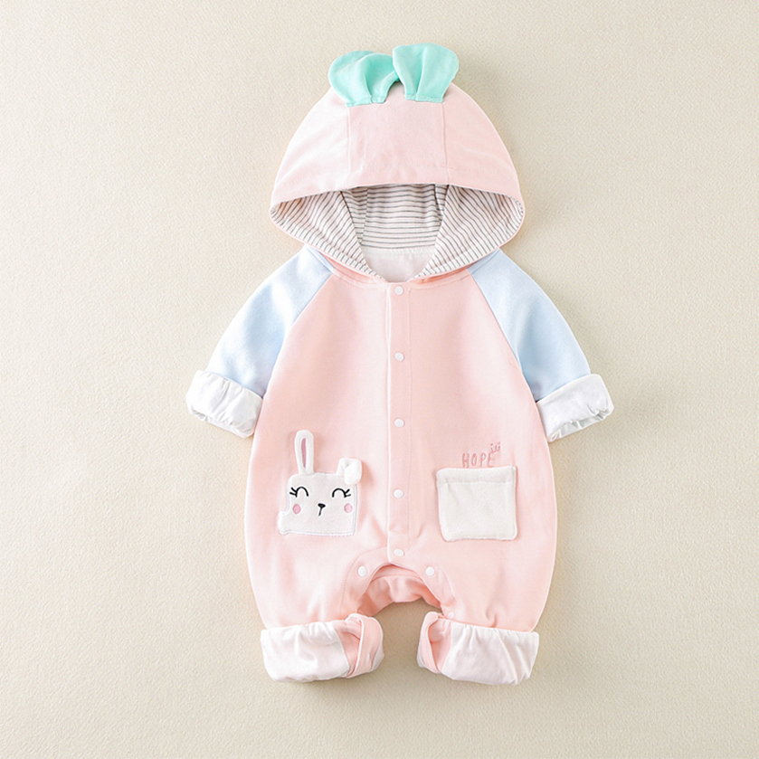 Female baby jumpsuit spring and autumn newborn baby pure cotton pink princess style double hooded clothes cute super cute