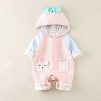 Female baby one-piece spring and autumn newborn baby pure cotton pink princess style double hooded clothes cute super cute