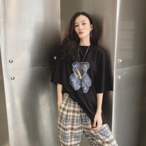 we11 goods king done Autumn and winter 3M reflective luminous pearl necklace Bear print charcoal black round neck short-sleeved T-shirt