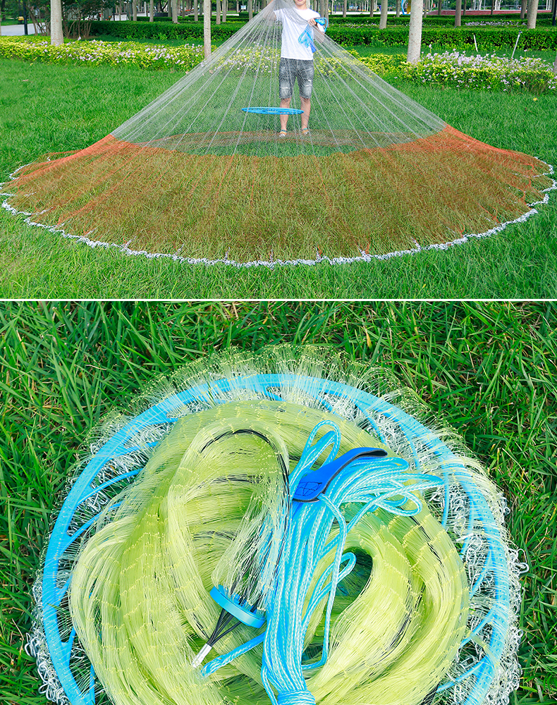 圆盘铁链捕鱼网撒网渔网纯手工大力马编织铅坠大飞盘式撒网手抛网